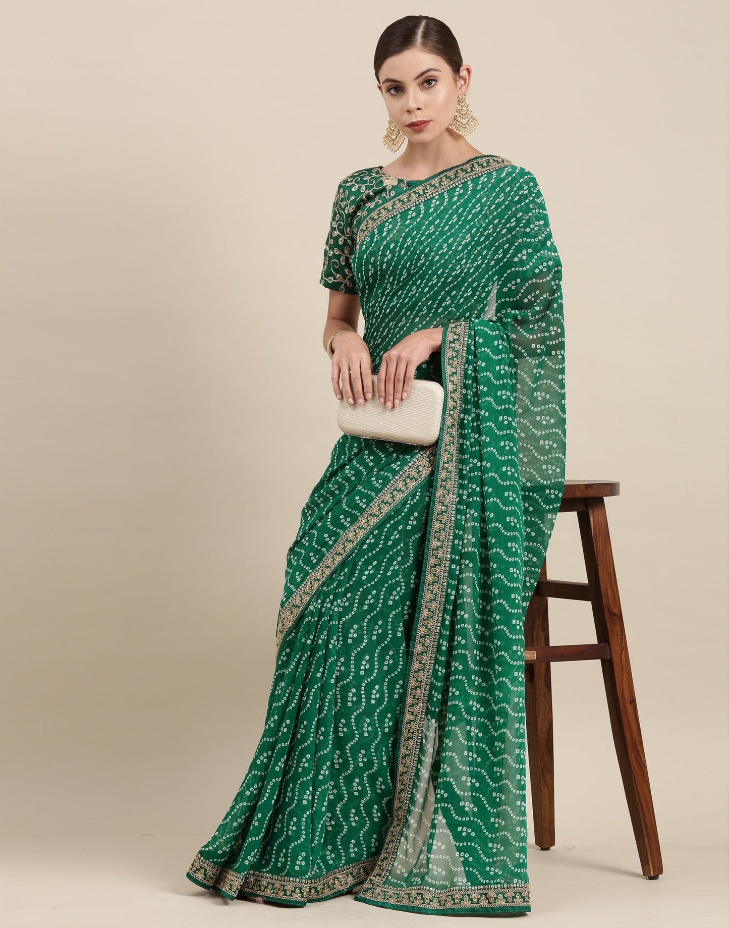 Green Bandhani Saree with Embroidery Border