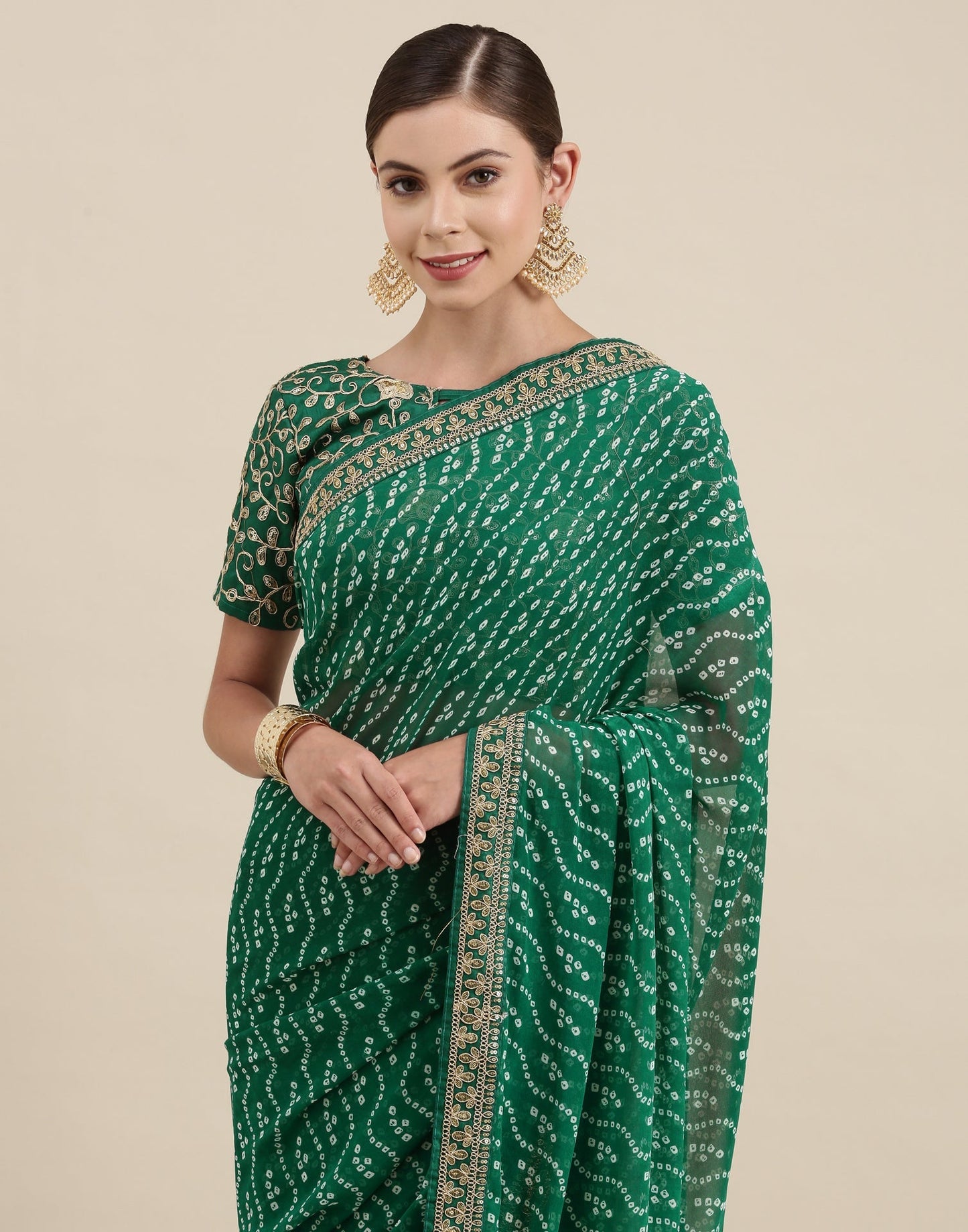 Green Bandhani Saree with Embroidery Border