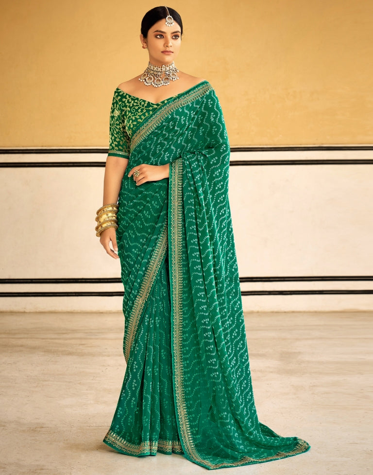 Green Bandhani Saree with Embroidery Border