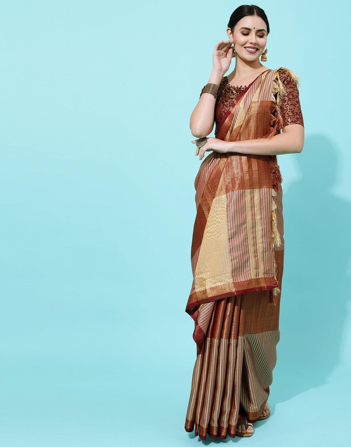 Beige And Maroon Silk Saree