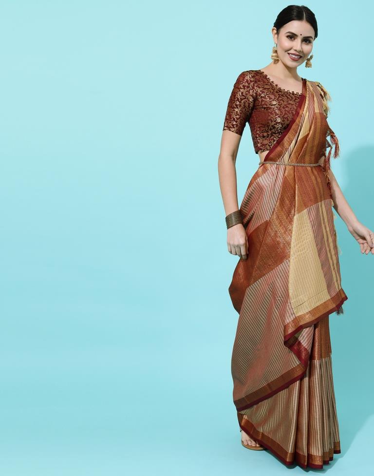 Beige And Maroon Silk Saree