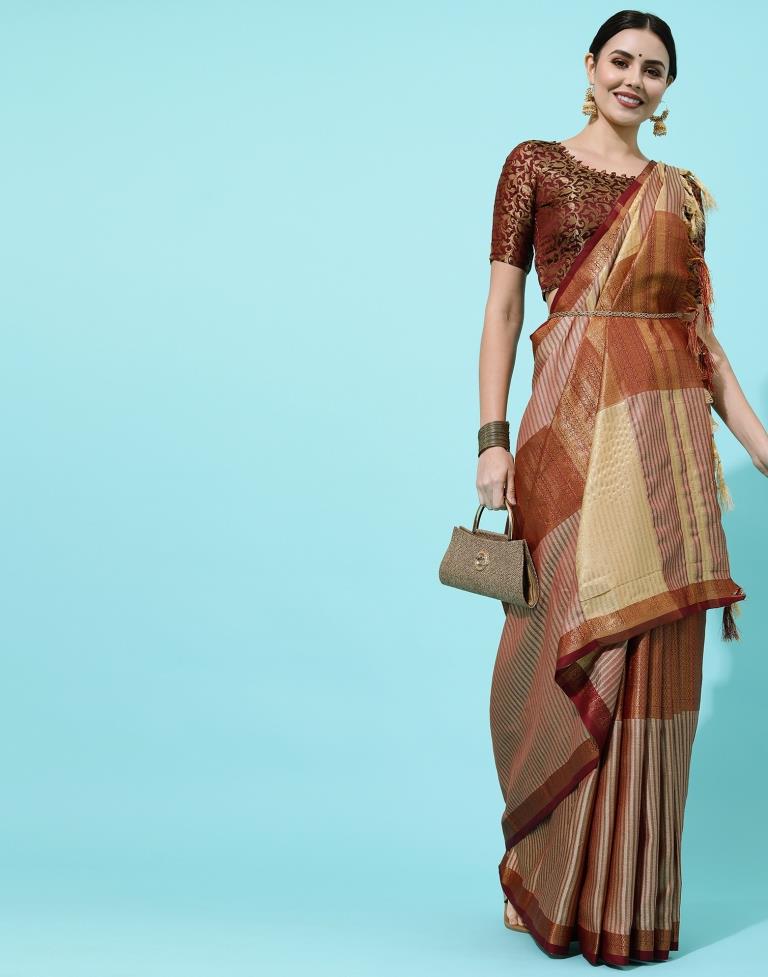 Beige And Maroon Silk Saree