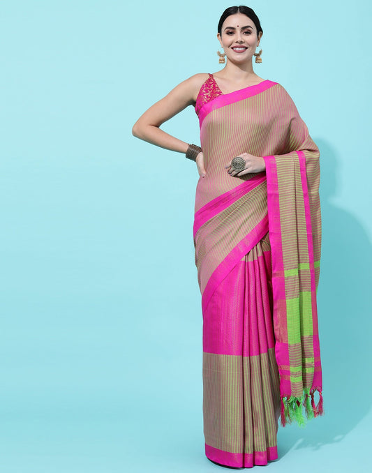 Parrot Green And Pink Silk Saree