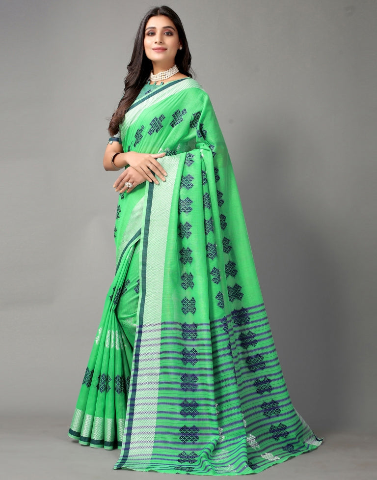 Parrot Green Cotton Saree