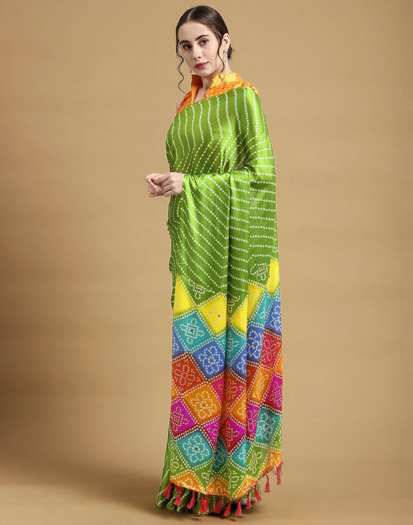 Parrot Green Bandhani Silk Saree