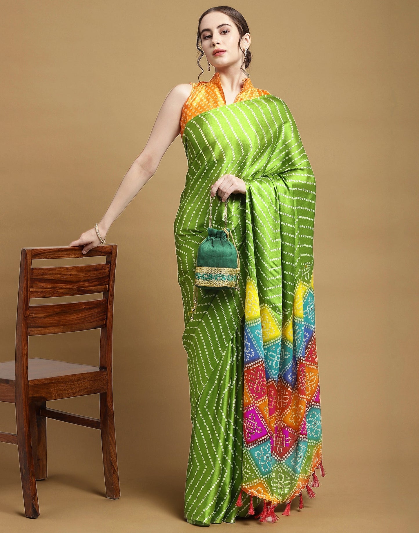 Parrot Green Bandhani Silk Saree