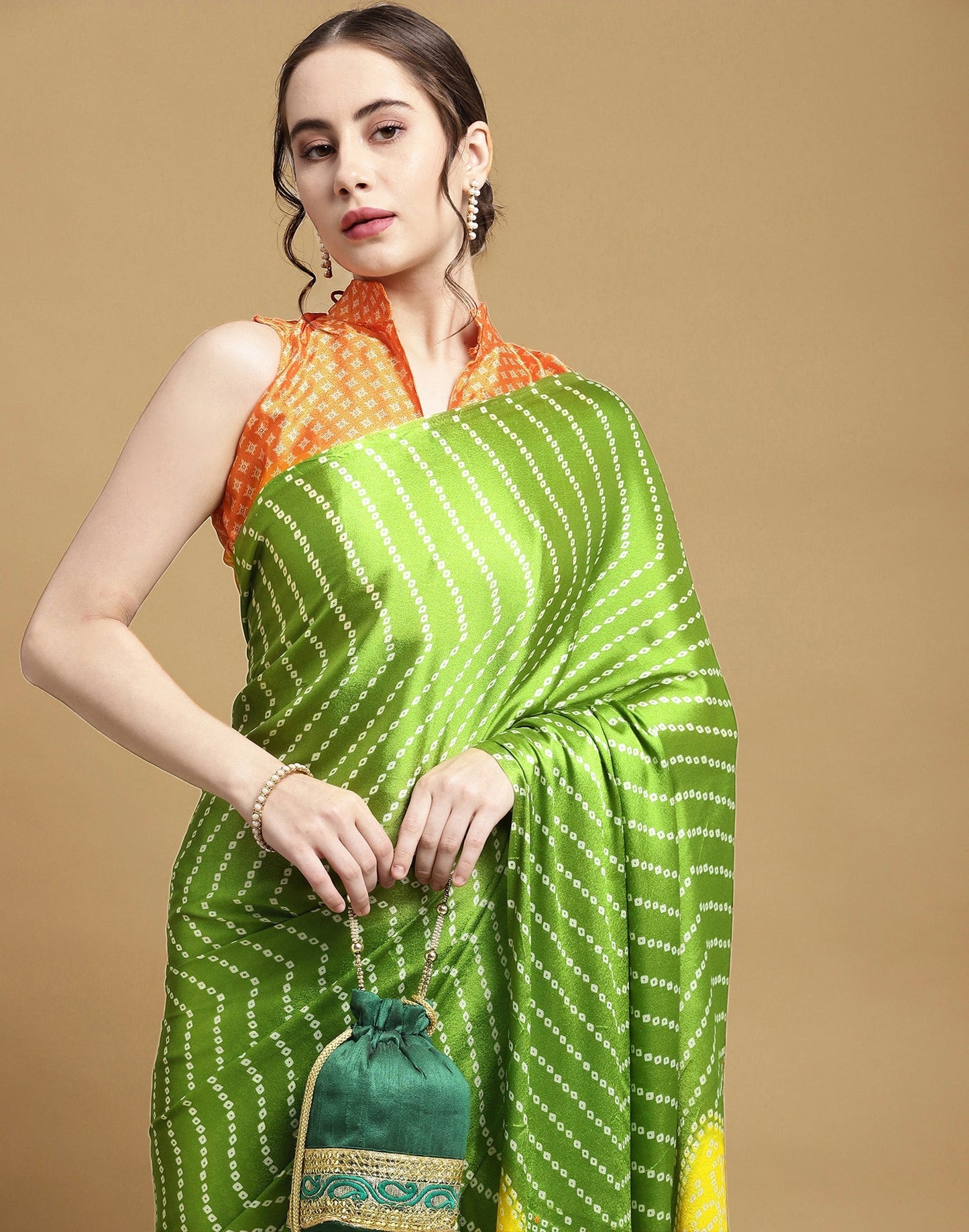 Parrot Green Bandhani Silk Saree