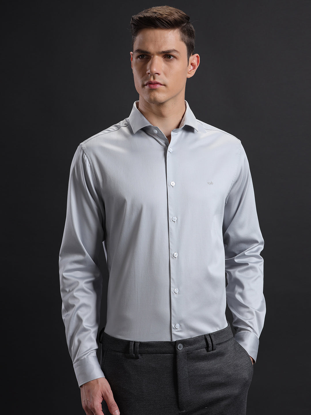 Aldeno Mens Slim Fit Solid Grey Formal Satin Shirt (CALIB)