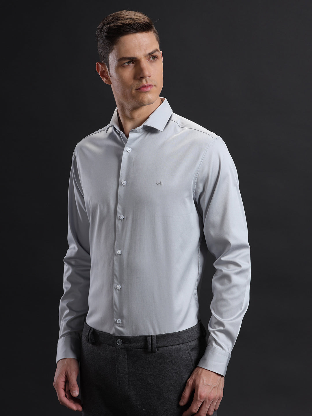 Aldeno Mens Slim Fit Solid Grey Formal Satin Shirt (CALIB)