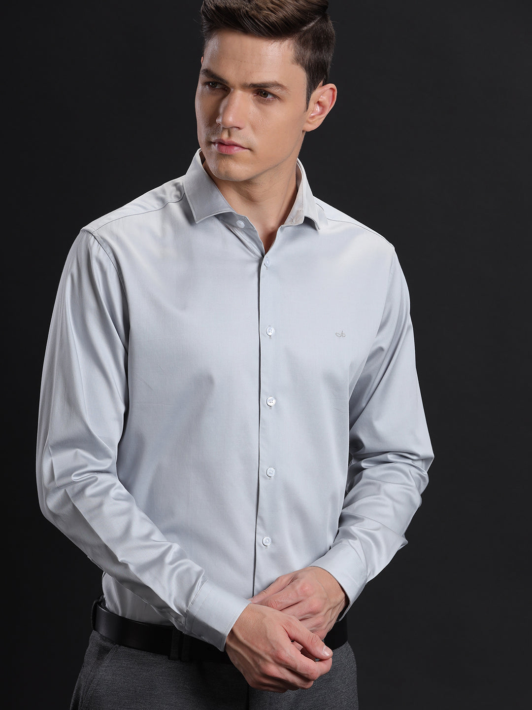 Aldeno Mens Slim Fit Solid Grey Formal Satin Shirt (CALIB)