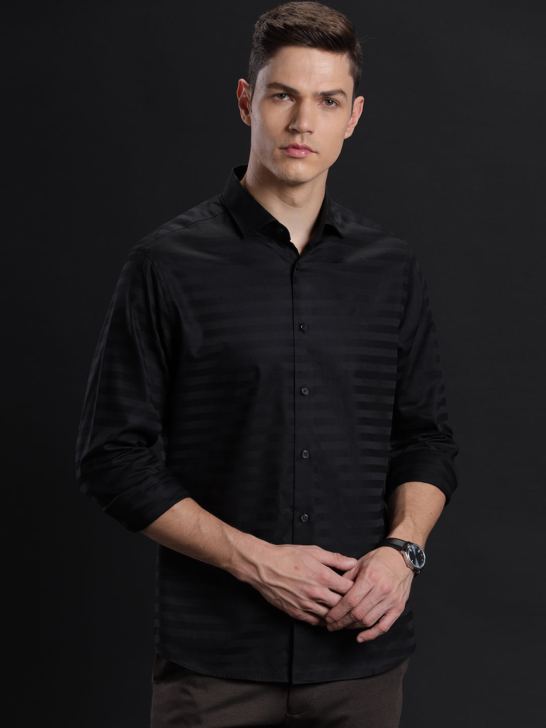 Aldeno Mens Regular Fit Plain Black Formal Cotton Shirt (BINIM)