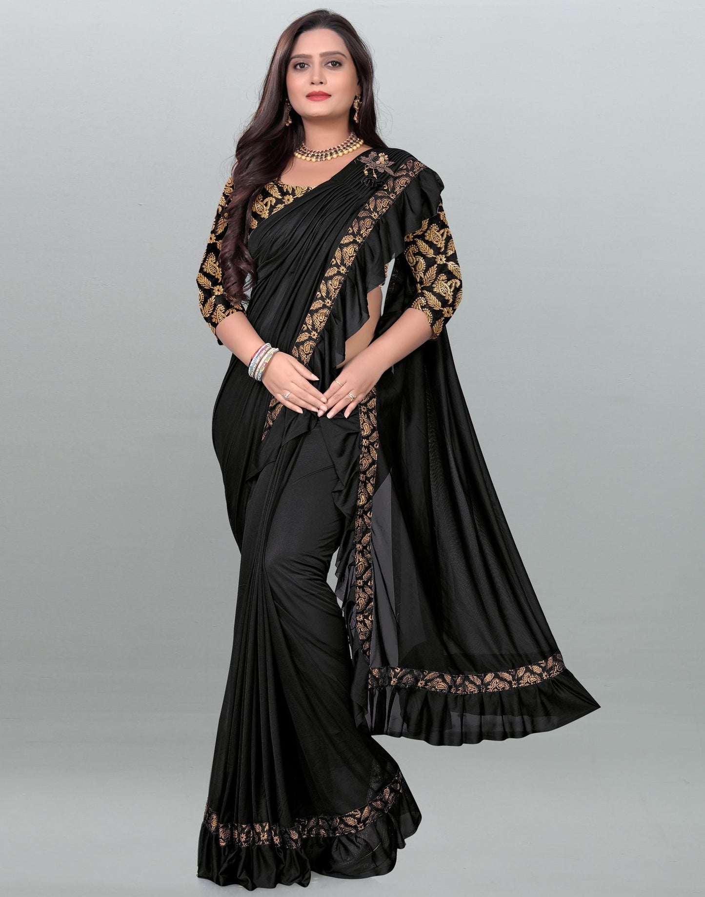 Black Plain Pre-draped Saree