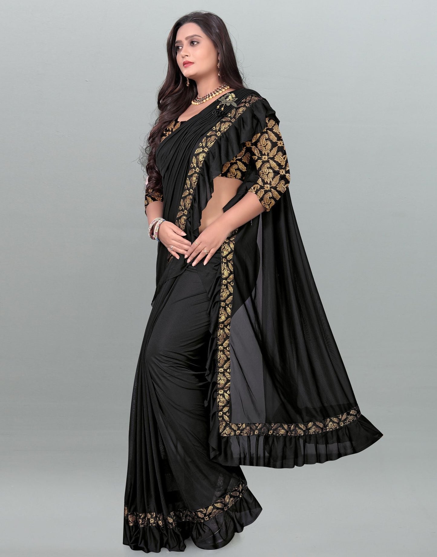 Black Plain Pre-draped Saree