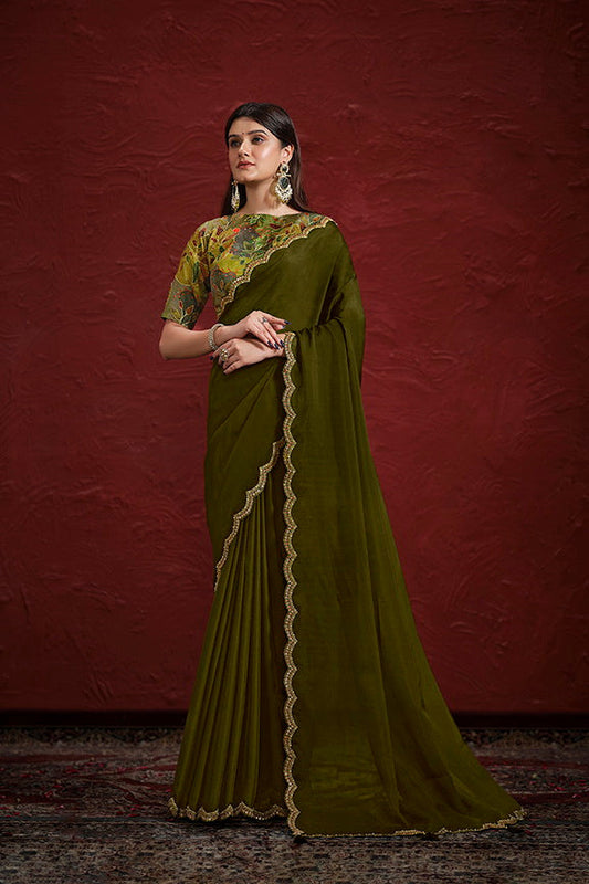 Green Natural Crepe Georgette Silk Sequence with Handwork Saree