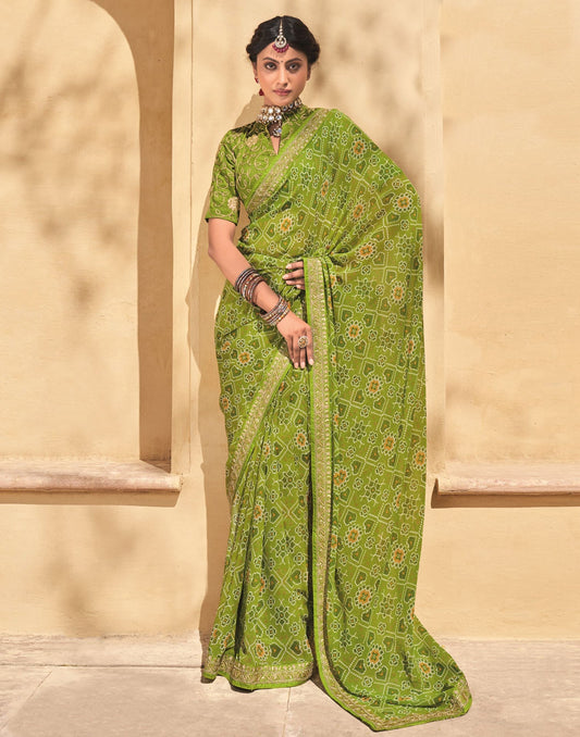 Parrot Green And Multicolored Patola Saree