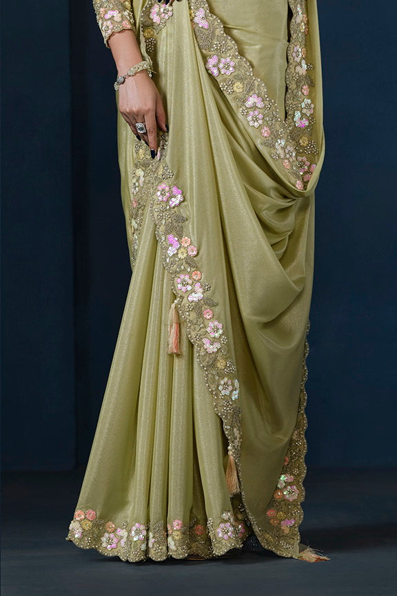 Green Crepe silk Embroidered with Stone work Saree