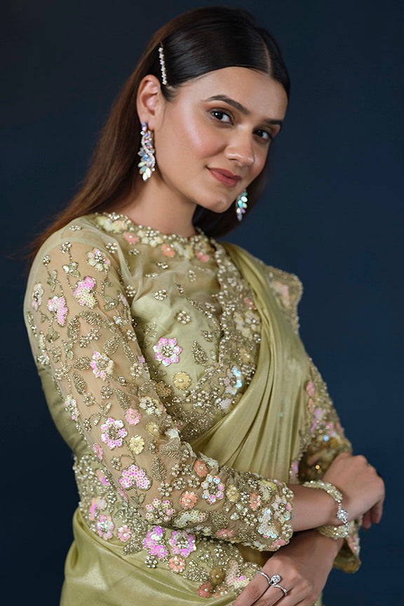 Green Crepe silk Embroidered with Stone work Saree