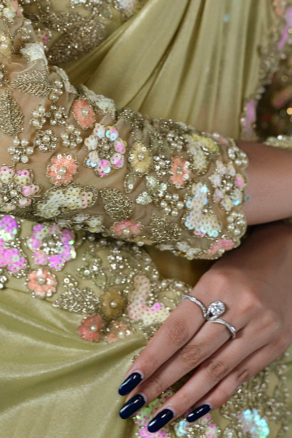 Green Crepe silk Embroidered with Stone work Saree