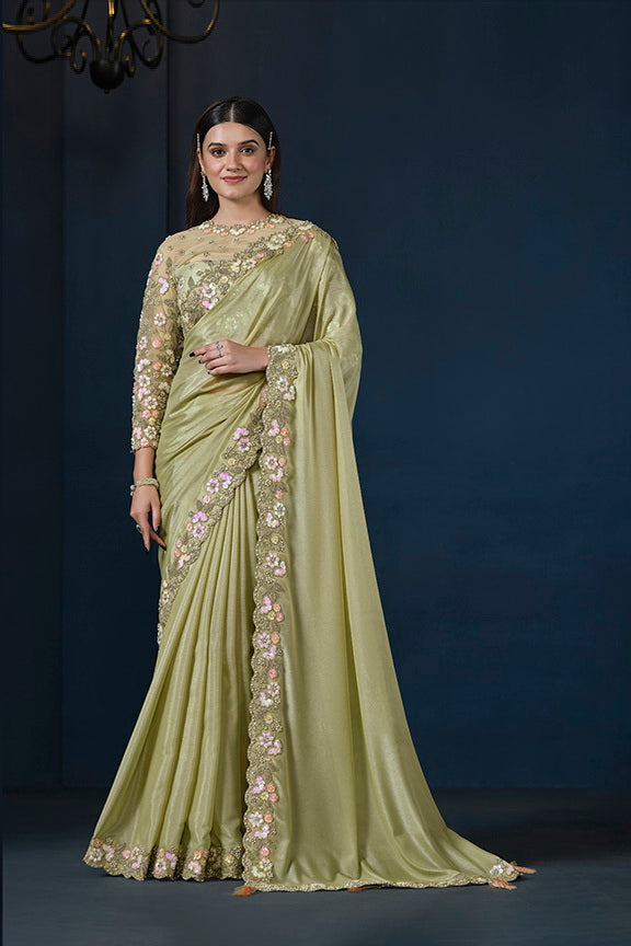 Green Crepe silk Embroidered with Stone work Saree