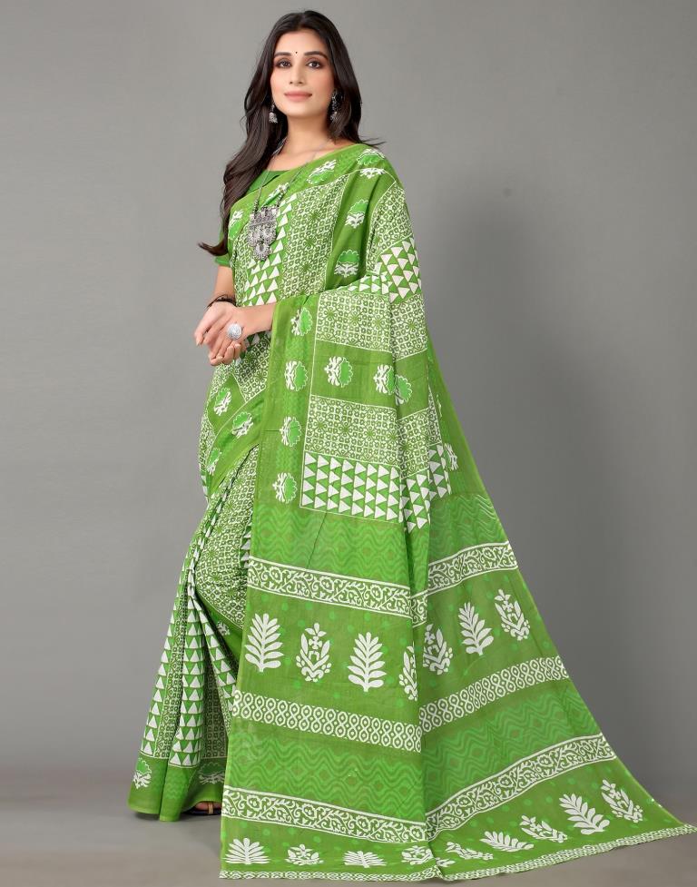 Parrot Green And White Cotton Saree