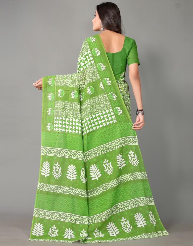 Parrot Green And White Cotton Saree