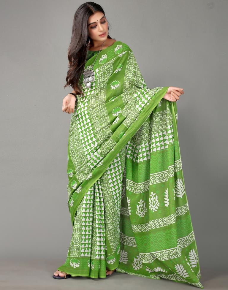 Parrot Green And White Cotton Saree