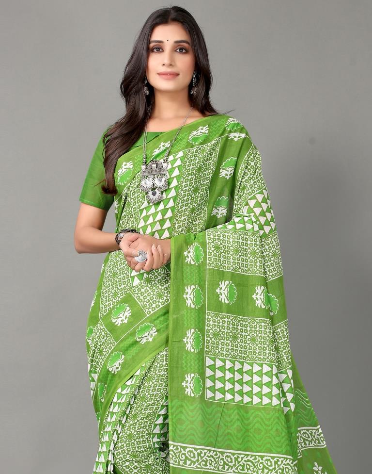 Parrot Green And White Cotton Saree