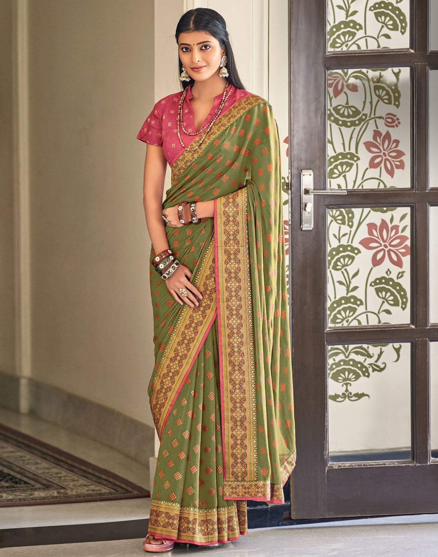 Olive Green Chiffon Saree