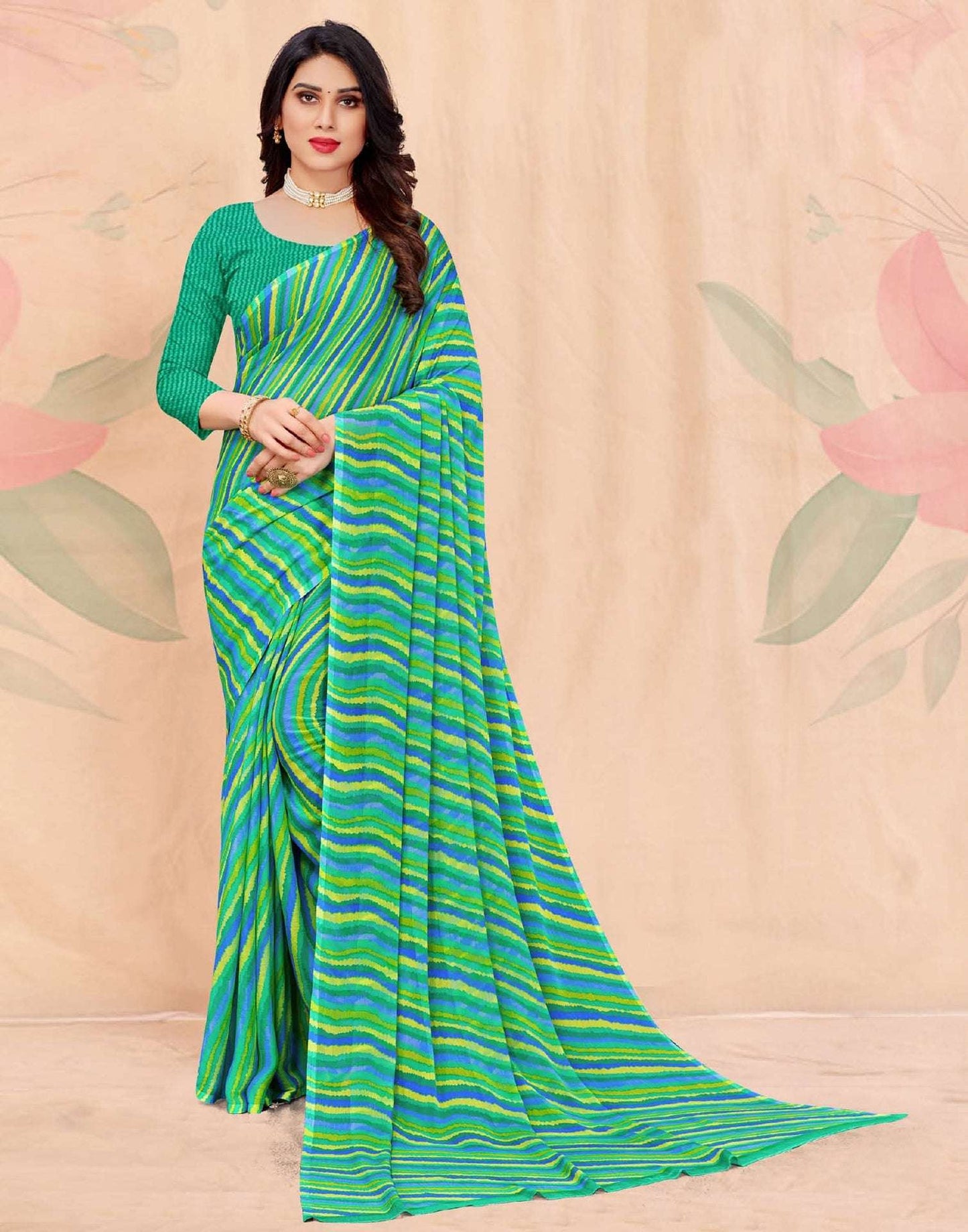 Acqua Green And Multicolored Chiffon Saree