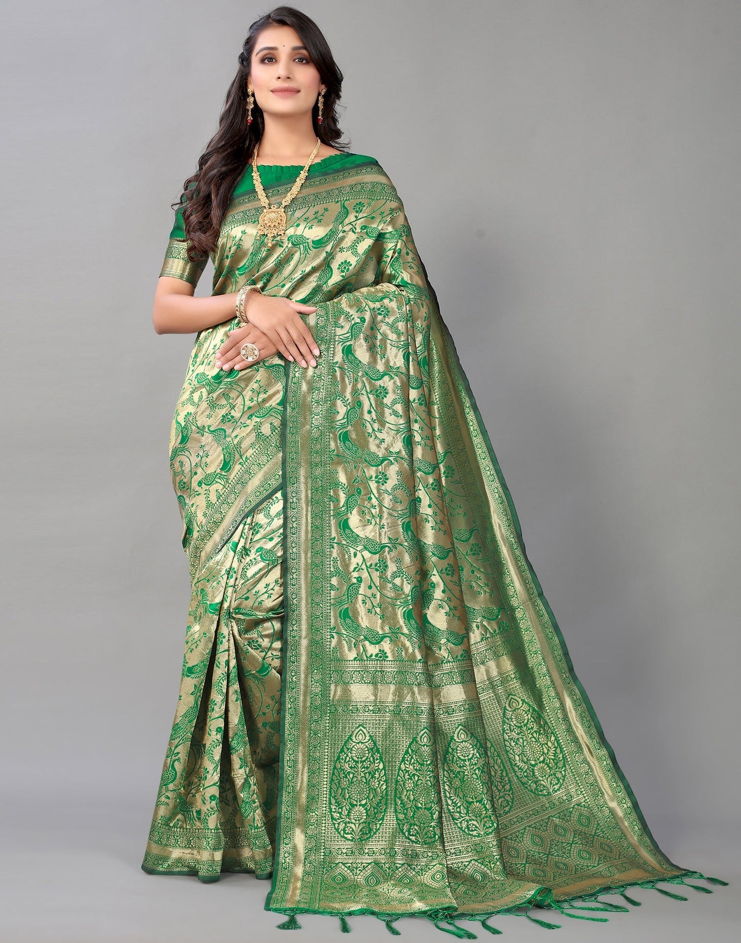 Green And Golden Silk Saree