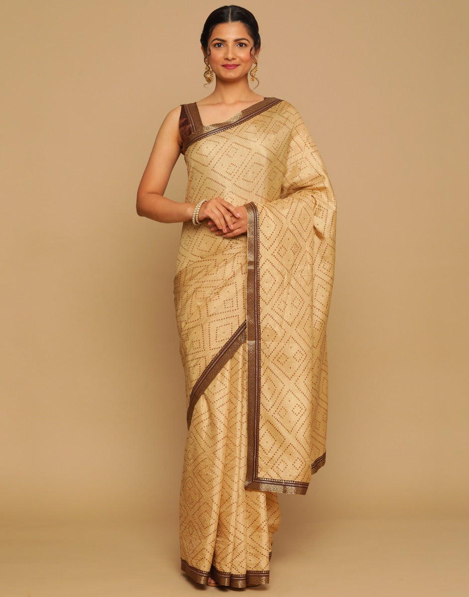 Beige Bandhani Silk Saree