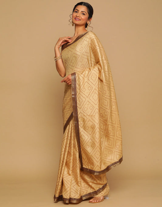 Beige Bandhani Silk Saree