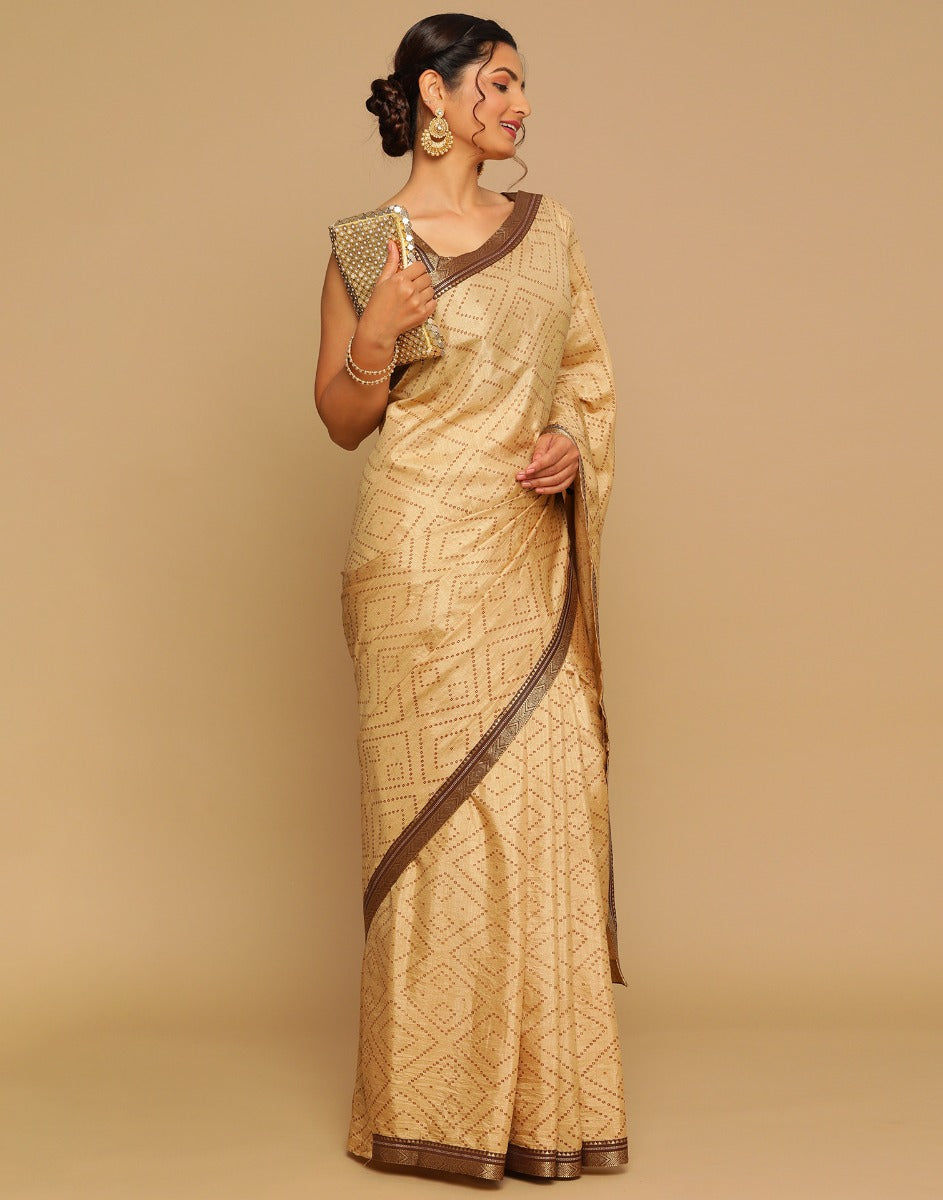 Beige Bandhani Silk Saree