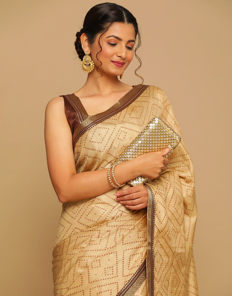 Beige Bandhani Silk Saree