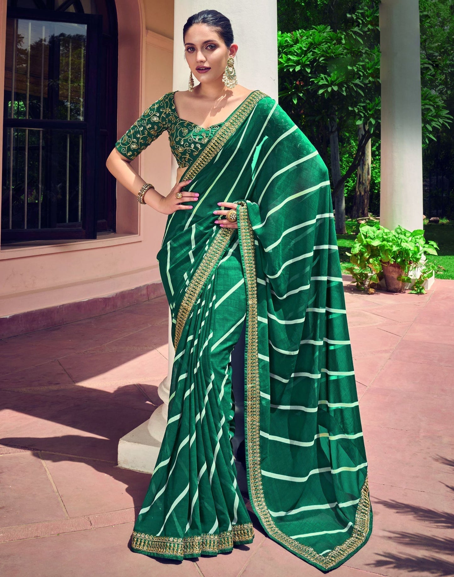 Green Leheriya Printed Georgette Saree