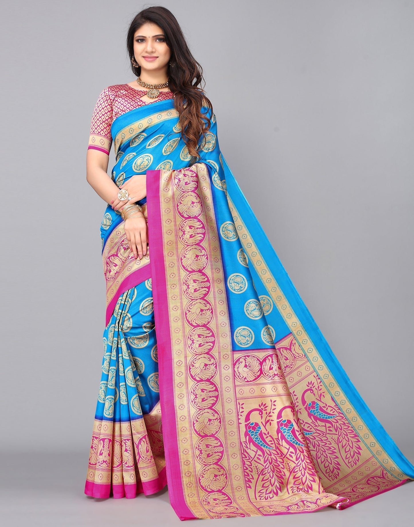 Beige And Blue Silk Saree