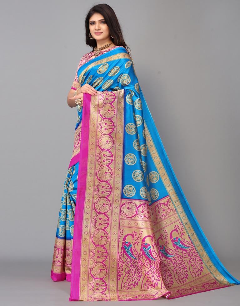 Beige And Blue Silk Saree