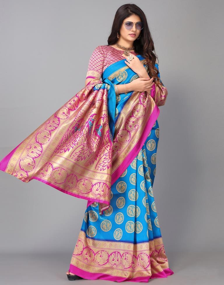 Beige And Blue Silk Saree