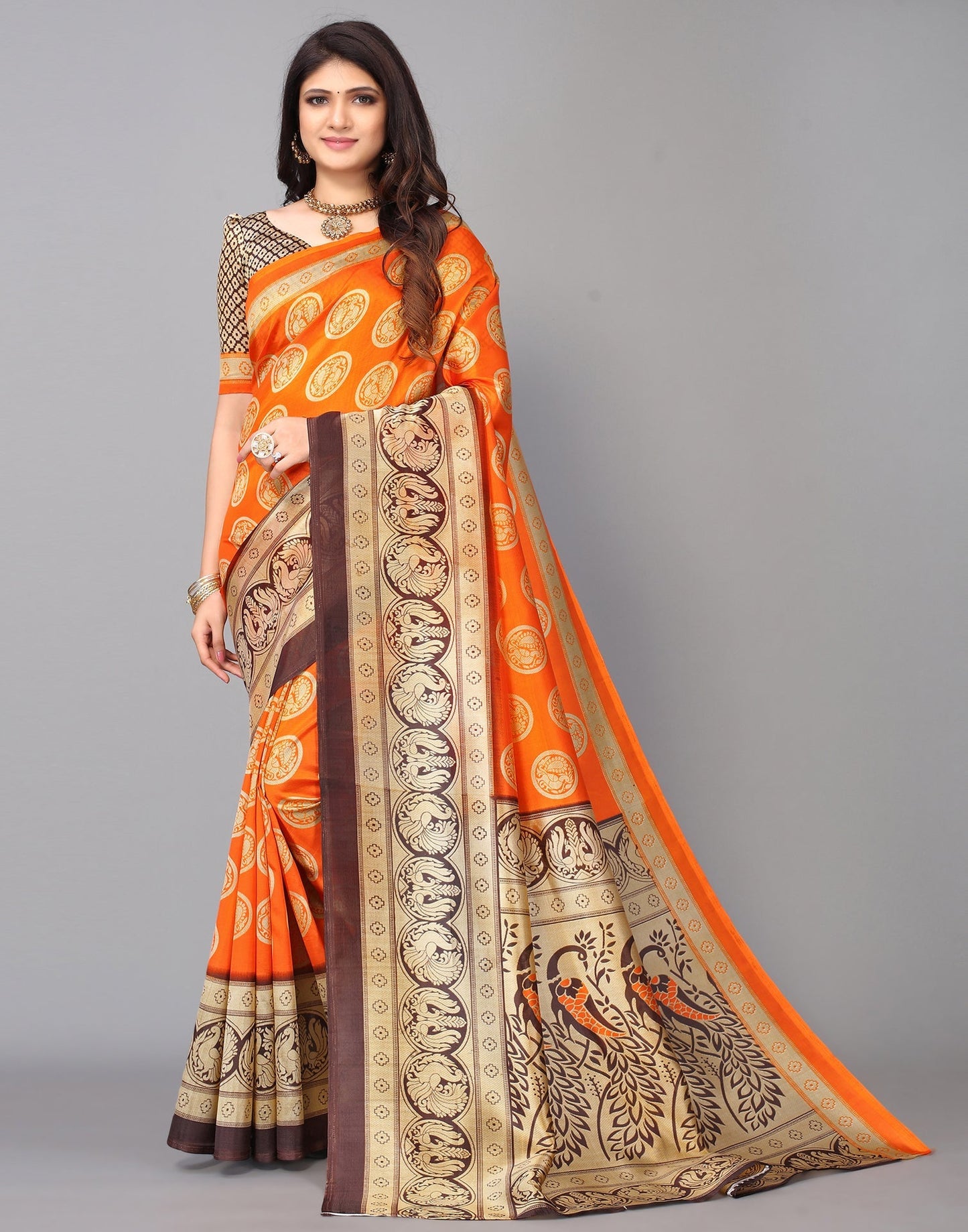 Beige And Dark Orange Silk Saree