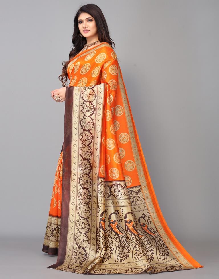 Beige And Dark Orange Silk Saree