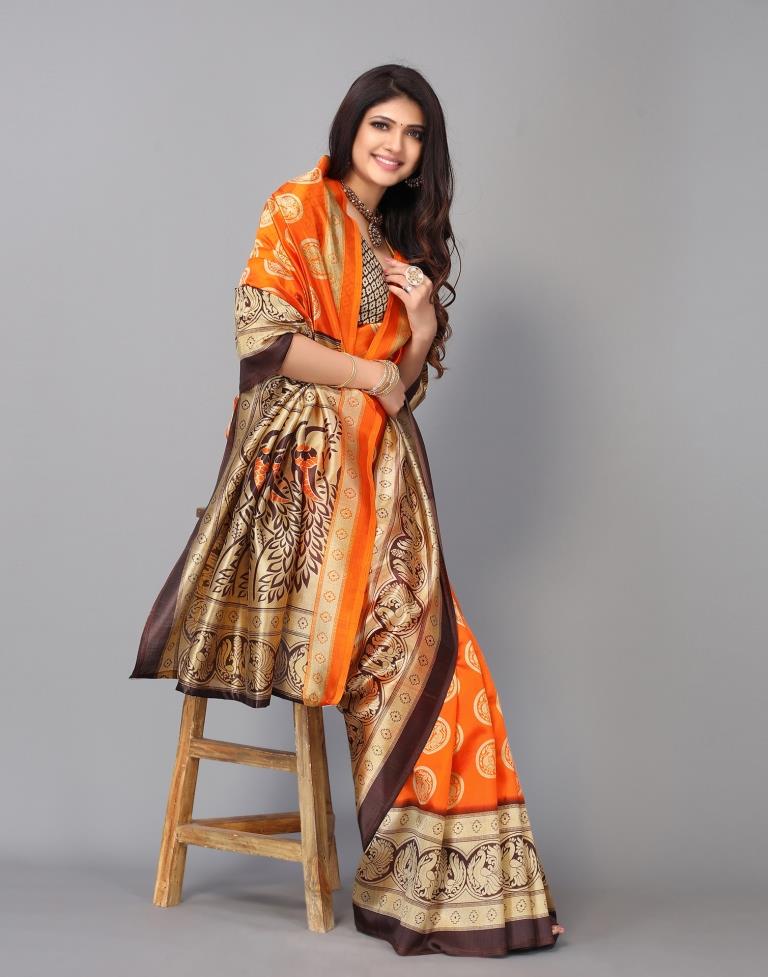 Beige And Dark Orange Silk Saree