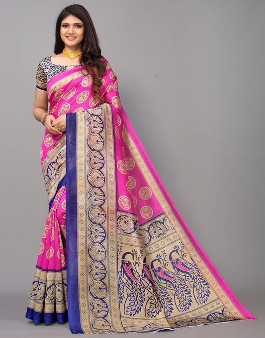 Beige And Pink Silk Saree