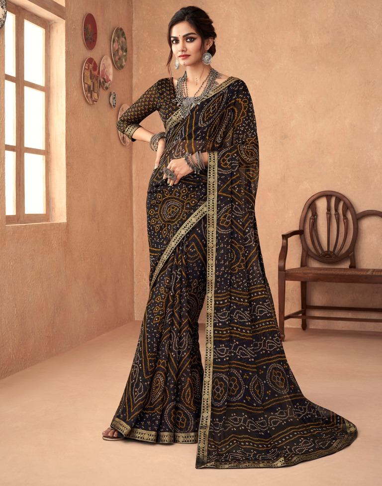 Black Printed Chiffon Bandhani Saree