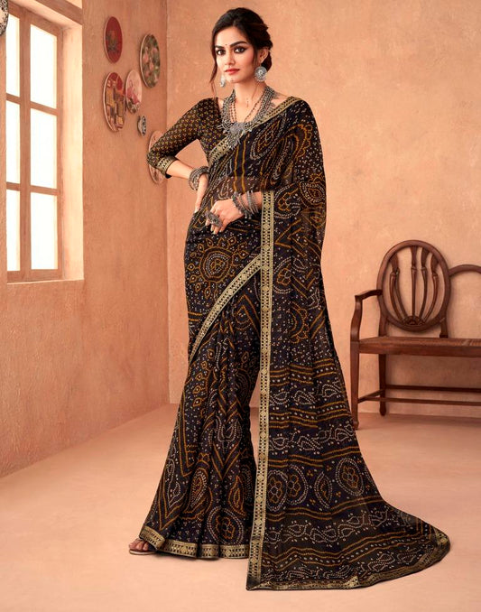 Black Printed Chiffon Bandhani Saree