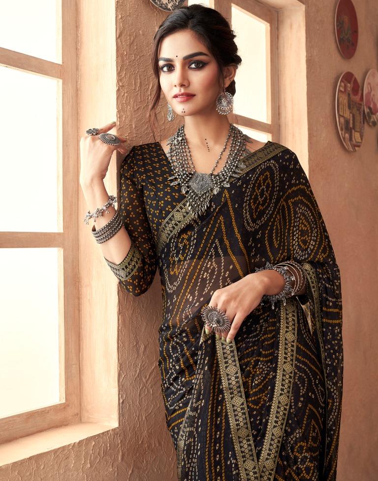 Black Printed Chiffon Bandhani Saree