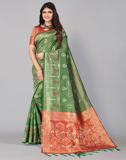 Green And Golden Silk Saree