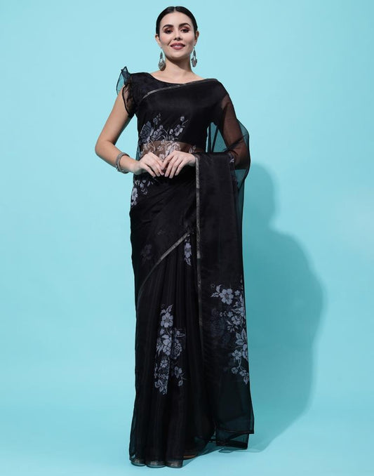 Black Printed Organza Saree