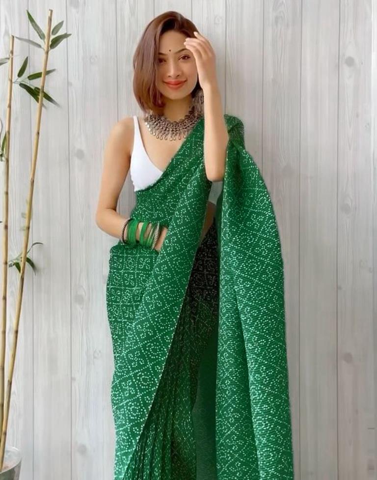 Green Bandhani Pleated Saree