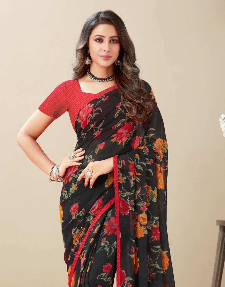 Black Floral Printed Saree