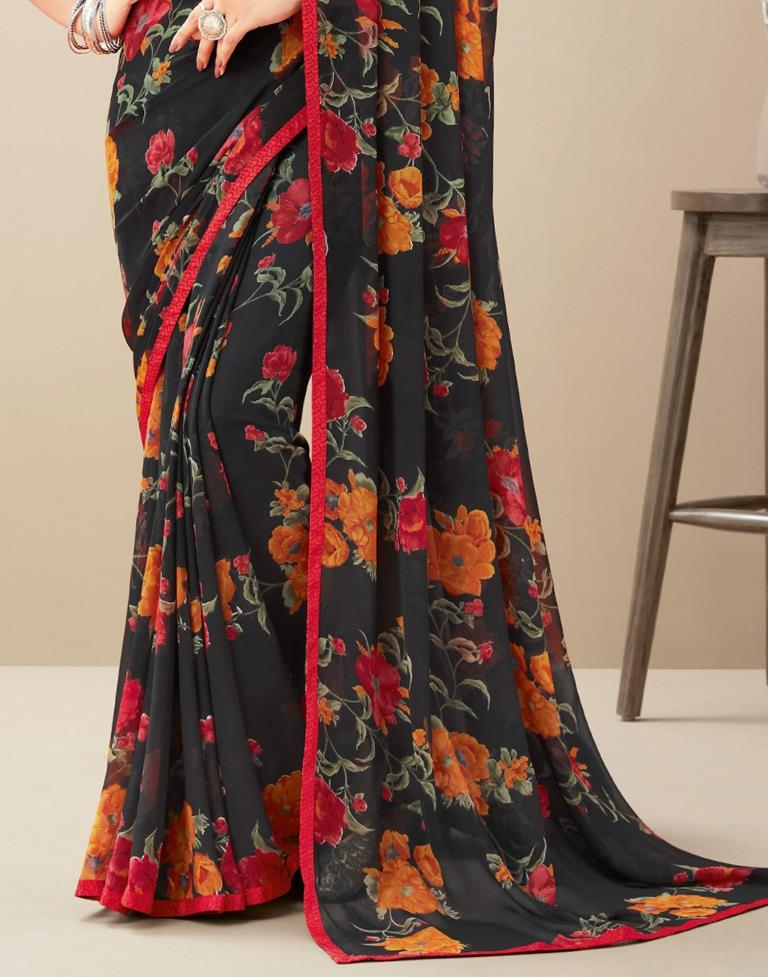 Black Floral Printed Saree